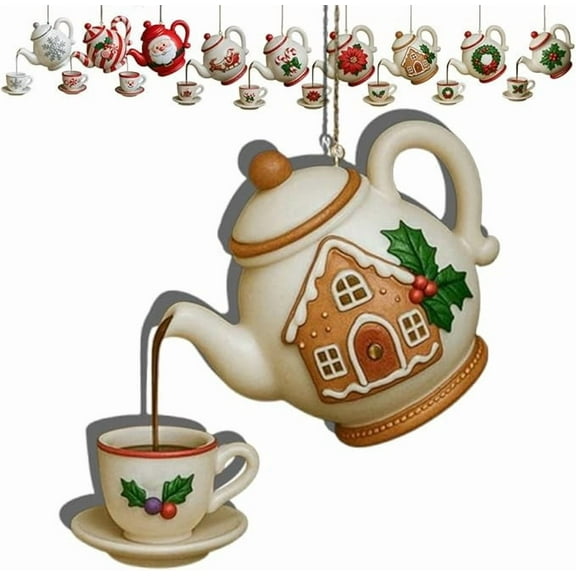 Christmas Teapot Ornament, Holiday Tea Cup Decoration, Vintage Red Holly Berry Festive Hanging Décor with Pouring Tea Effect, Durable Collectible Christmas Tree Accessory
