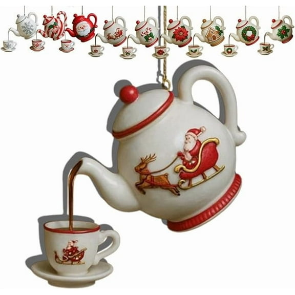 Christmas Teapot Ornament, Holiday Tea Cup Decoration, Vintage Red Holly Berry Festive Hanging Décor with Pouring Tea Effect, Durable Collectible Christmas Tree Accessory