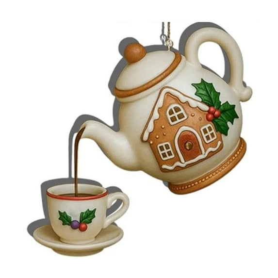 Christmas Teapot Ornament Vintage Christmas Tea Cups Pot Festive Decor Holly Red Berries Tea Decor with Pouring Tea Effect Gift for Teas Lovers