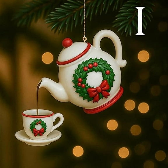 Christmas Teapot Ornament Vintage Style with Pouring Tea Effect,Holly Berry Decor,Holiday Tree Decoration Gift for Tea Lovers
