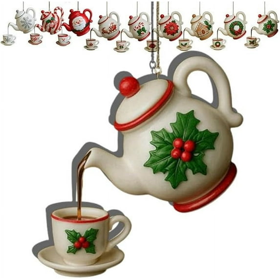 Christmas Teapot Ornament for Festive Holiday Decor, Christmas Tea Cups & Pot Festive Decor with Pouring Tea Effect, Gift for Teas Lovers, 2D Flat, A