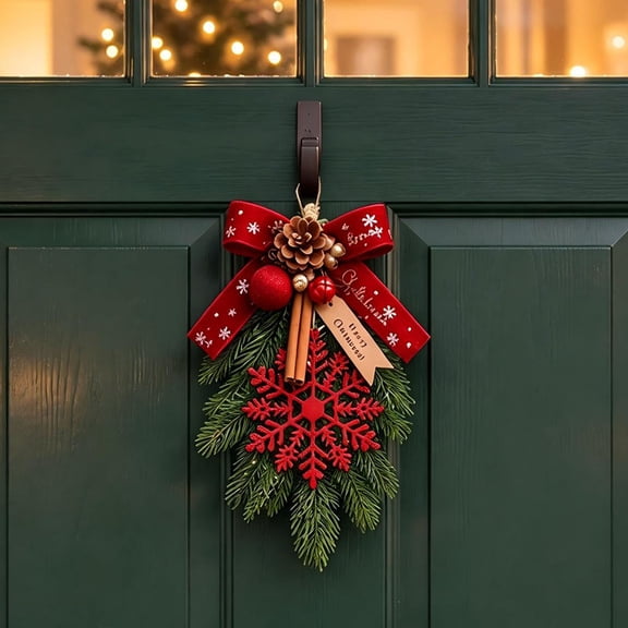 Christmas Teardrop Hanging Ornament, Artificial Pine Swag with Bow Snowflake Pinecone Bells Cinnamon, Front Door Wall Tree Mantel Porch Farmhouse Holiday Decoration