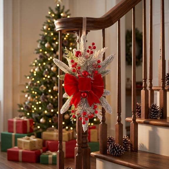 Christmas Teardrop Ornament Decoration, Hanging Door Swag with Snow Flocked Branches Pine Cones Berries, Festive Winter Decor for Front Door Fireplace Staircase Wall and Home Party