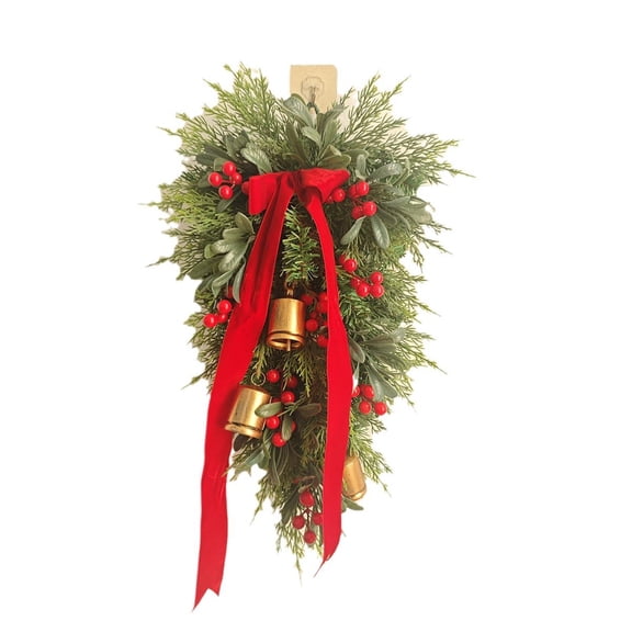 Christmas Teardrop Swag 21.6 Inch, Artificial Cedar Greenery Garland with Red Berries and Golden Bells for Front Door, Stairway, and Fireplace Holiday Decor Indoor Outdoor