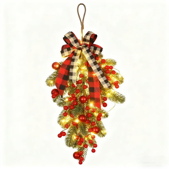 Christmas Teardrop Swag, 23.6in Artificial Pine Swag with Pine Cone Red Berry Christmas Ball Artificial Christmas Pine Branch Teardrop Door Swag Decoration for Xmas Front Door Outdoor Indoor Wall