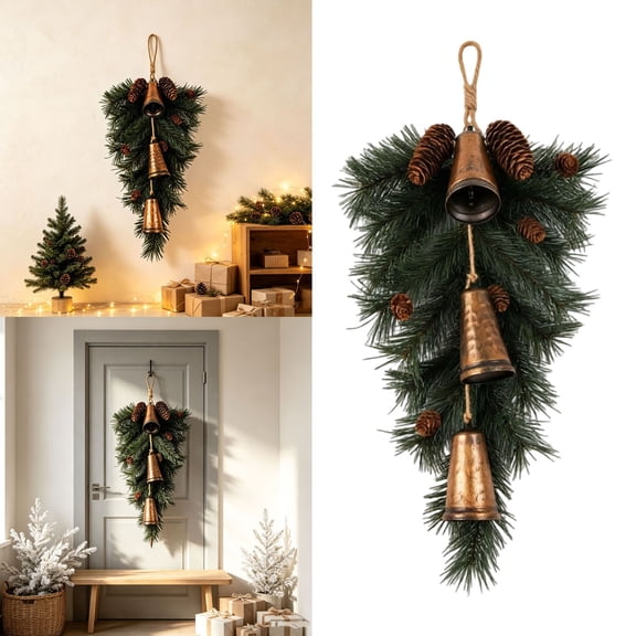 Christmas Teardrop Swag 25 Inch Artificial Norfolk Pine with Vintage Brass Bells & Red Bow, Retro Pine Needle Garland for Front Door Mantle Fireplace, Indoor Outdoor Holiday Decor