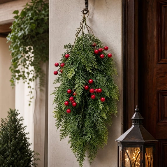 Christmas Teardrop Swag, Artificial Pine Door Decor, Full Pine Needle Shape Arranged in a Tapered Cascade for Home Displays, Synthetic Evergreen Branches for Seasonal Home Use