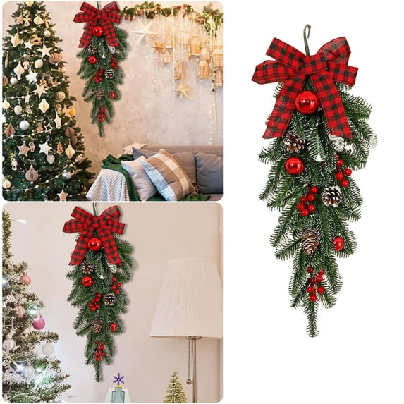 Christmas Teardrop Swag for Front Door - 21.6 Inch Artificial Pine Garland with Pinecones, Red Berries Christmas Balls,Festive Indoor Outdoor Decor for Door,Wall, Staircase Holiday Home Decorations