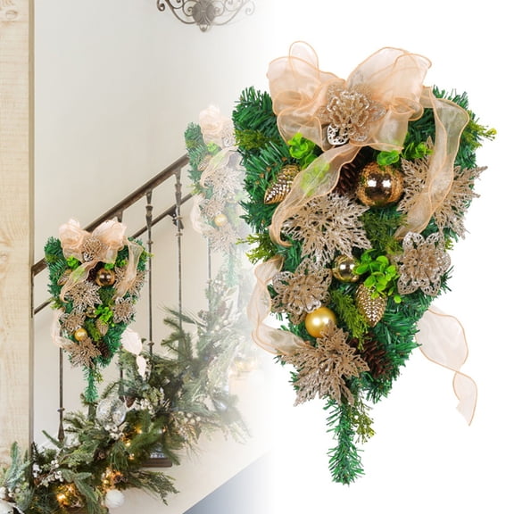 Christmas Teardrop Swag for Front Door Decor, Outdoor Artificial Pine Garland with Balls, Ribbon, Classic Xmas Wreath Alternative for Stairway, Wall, Window,Fireplace and Mailbox Seasonal Decorations