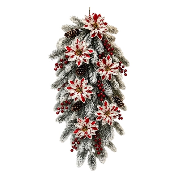 Christmas Teardrop Swag for Front Door, Elegant Flocked Teardrop Swags with Pinecones and Berries, Shimmering Holiday Hanging Decor for Indoor Door Wall Mantel (Requires self-assembly)