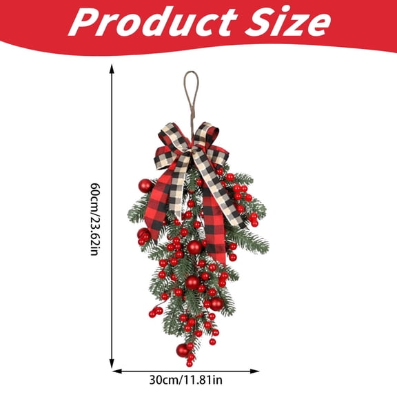 Christmas Teardrop Swag with Light,Artificial Door Swag Red Berry Pine Cone Wreath with Buffalo Plaid Bow for Front Door Wall Windows Holiday Farmhouse Decor(23.62x11.81in)