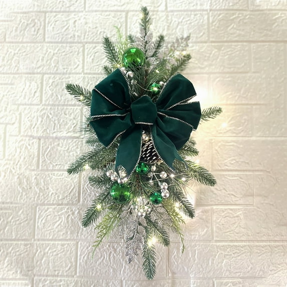 Christmas Teardrop Swag Lighted Xmas Wreath with Large Bow Christmas Ornaments for Front Door Fireplace Mantel Porch