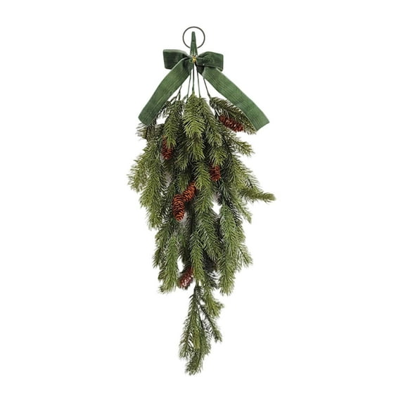 Christmas Teardrop Swag with Velvet Bow, 27.5 Inch Artificial Pine Greenery Garland with Pine Cones, Rustic Holiday Hanging Decor for Front Door, Mantle, Wall, Indoor Outdoor Home Decor