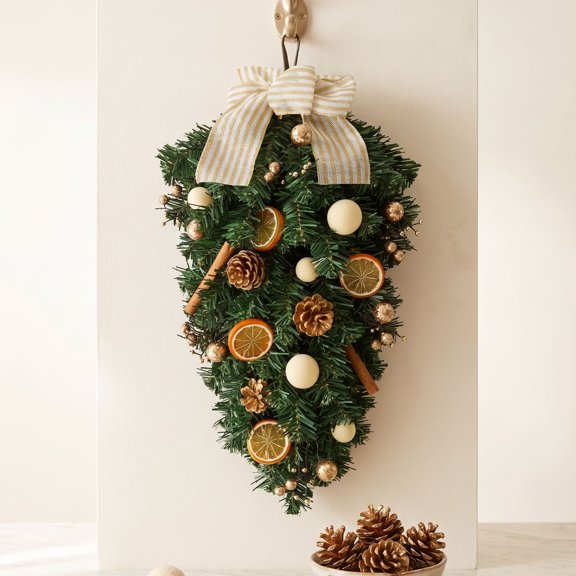 Christmas Teardrop Swag with LED Lights, Artificial Pine Hanging Wreath with Dried Orange Slice Pinecone Cinnamon for Front Door Decor