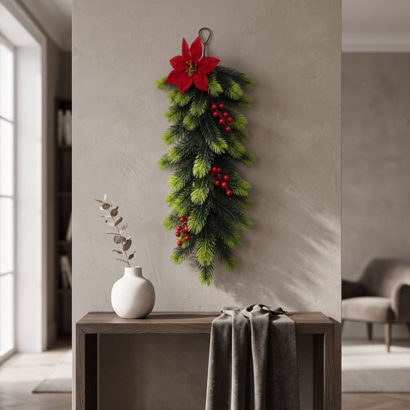 Christmas Teardrop Swag with Poinsettia Flowers, Pine Needles and Red Berries, 24.4 in Artificial Wall Door Decoration