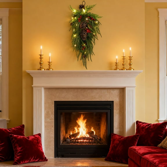 Christmas Teardrop Swags Prelit with Lights,Artificial Greenery Pine Swags with Pine Cones Berries,Dripping Teardrop Wreaths for Stairway Staircase Door Home Hanging Decor,Winter Party Decorations