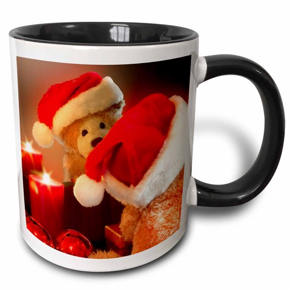3drose, Christmas Teddy Bear in a Santa Hat with Candle and Reflection, 11oz Two-tone Black Mug