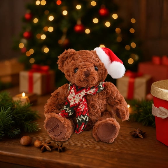 Christmas Teddy Bear Plush Doll, Cute Stuffed Toy with Santa Hat, Soft Holiday Ornament for Bedroom Sofa Tabletop, Christmas Gift for Kids, Family and Winter Home Decorations