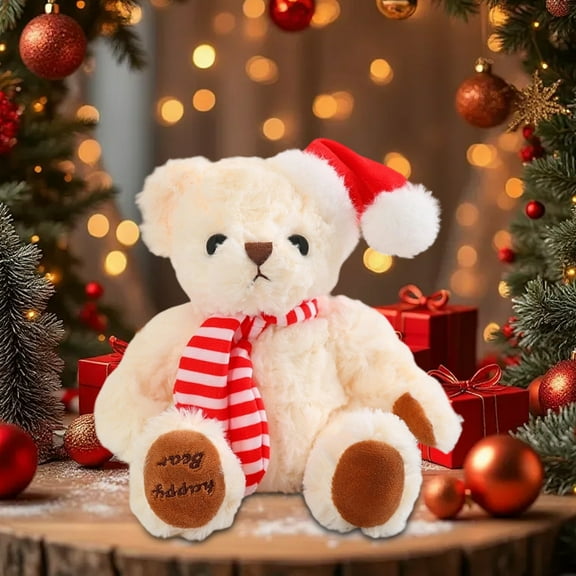 Christmas Teddy Bear Plush - White Santa Hat Doll for Holiday Decor, Gifts, Stocking Stuffers (8 Inch)
