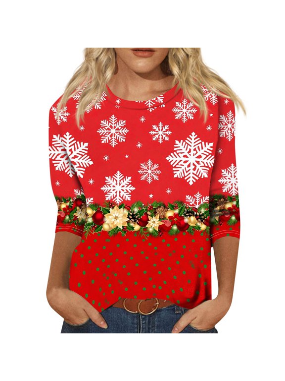 Christmas Tee Shirt for Women 3/4 Sleeve Crew Neck Blouse Christmas Graphic Csaual Dressy Photo Shoot Summer Fall Tshirt Red M