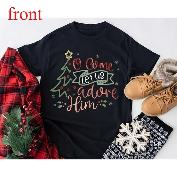 Christmas Tee T Shirt Graphic Tops Cotton Come Let Us Adore Him Tree Design Short Sleeve Black S-5XL