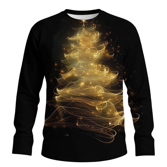 Christmas Tees For Men Crew Neck Xmas Graphic Print Long Sleeve Pullover Casual Stylish Holiday Funny Tops (L, Gold)