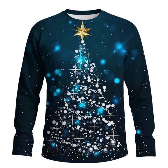 Christmas Tees For Men Crew Neck Xmas Graphic Print Long Sleeve Pullover Casual Stylish Holiday Funny Tops (XL, Blue-C)
