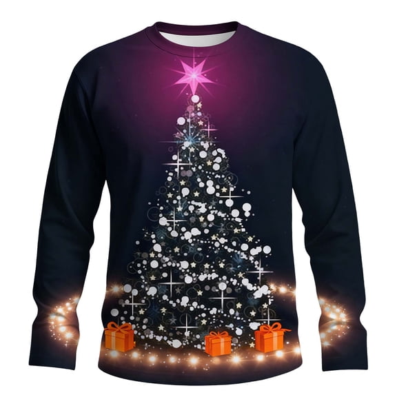 Christmas Tees For Men Crew Neck Xmas Graphic Print Long Sleeve Pullover Casual Stylish Holiday Funny Tops (XS, Purple-F)