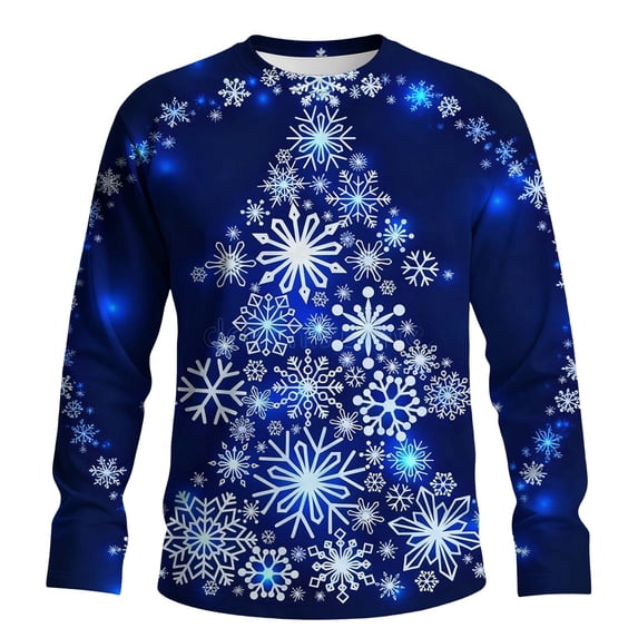 Christmas Tees For Men Crew Neck Xmas Graphic Print Long Sleeve Pullover Casual Stylish Holiday Funny Tops (XXL, Blue-D)
