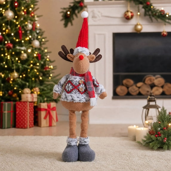 Christmas Telescopic Figurines, Retractable Leg Reindeer Standing Dolls, Indoor Christmas Decor for Tabletop and Shelf