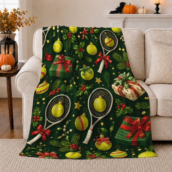 Christmas Tennis Rackets With Ball Ornaments And Presents, Festive Illustration for Tennis Enthusiasts, Christmas Gift, Cozy Flannel Blanket with Home Decor for Living Room and Bedroom