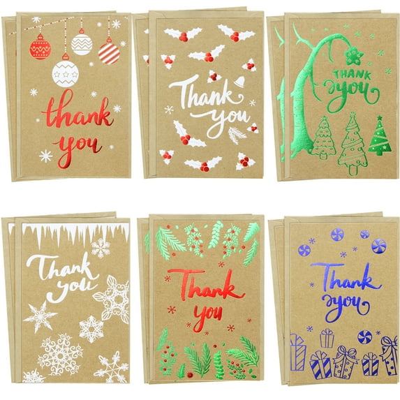 Christmas Thank You Cards with Envelopes 12PCS Kraft Blank Christmas Greeting Cards Note Cards Foil Embellished