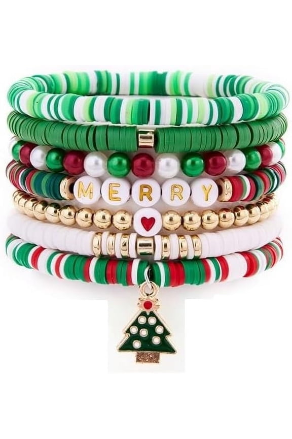 Christmas Thanksgiving Stackable Beaded Holiday Bracelets Set for Women Elastic Layering Colorful Heishi Vinyl Disc Clay Stretch Bohemian Festive Birthday Gifts