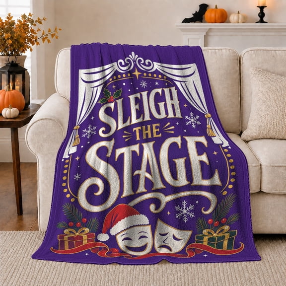 Christmas Theater Stage Design Silver Gold Text Snowflakes, Festive Holiday Scene, Warm Flannel Blanket for Living Room and Reading Nook, Art Lovers Christmas Gift, Festive Home Decor