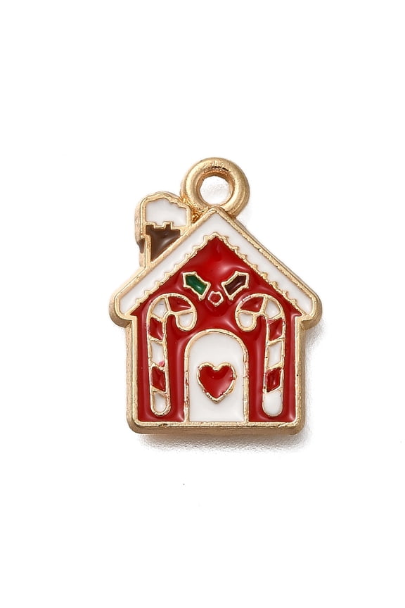 Christmas Theme Alloy Enamel Pendants House with Candy Cane Charm Golden Red 17.5x13x1mm Hole: 1.6mm