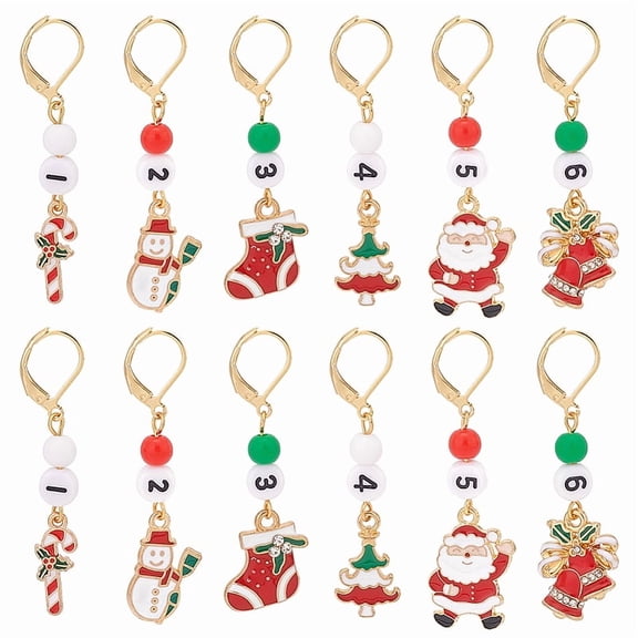 Christmas Theme Alloy Enamel with Rhinestone Pendant Stitch Markers Crochet Leverback Hoop Charms Mixed Color 6 style 2pcs/style 12pcs/set