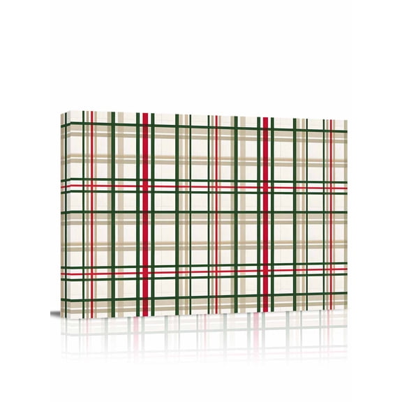 Christmas Theme Canvas Print Wall Art Classical Plaid Green Red Brown Stripe Pictures Painting Morden Artwork for Living Room Bedroom, Ready to Hang - 12"x16"
