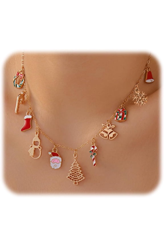 Christmas Theme Charm Necklace for Women Cartoon Elk Santa Gingerbread Man Multiple Pendant Necklace Golden Snowflake Sleigh Christmas Tree Collarbone Necklace Xmas Jewelry Accessories[d080]