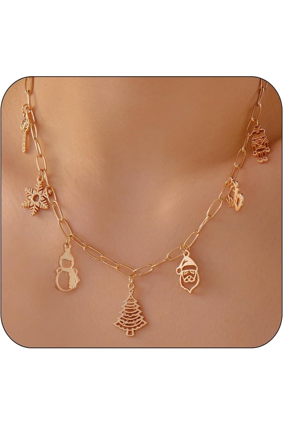 Christmas Theme Charm Necklace for Women Cartoon Elk Santa Gingerbread Man Multiple Pendant Necklace Golden Snowflake Sleigh Christmas Tree Collarbone Necklace Xmas Jewelry Accessories[a621]