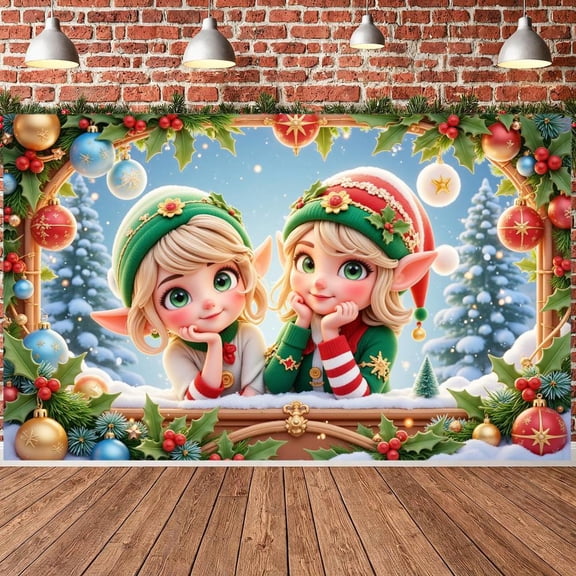Christmas Theme Christmas Banner Elf Design Elf Theme Banner Colorful Ornaments Holly Decor Holiday Banner for Christmas Party Home Decoration Holiday Celebration