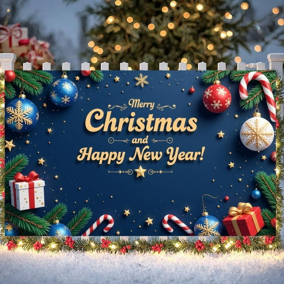 Christmas Theme Christmas Banner Festive Happy New Year Banner Gold Ornaments Pine Branches Holiday Banner for Christmas Party New Year Celebration Indoor Decoration