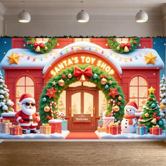Christmas Theme Christmas Banner Red Santa's Toy Shop Banner Colorful Lights Gift Decor Holiday Decoration Banner for Christmas Toy Shop Indoor Decor
