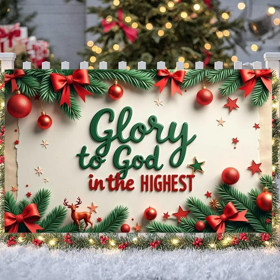 Christmas Theme Christmas Banner Religious Religious Banner Green Lettering Red Ornaments Glory to God Banner for Christmas Party Church Service Religious Gathering