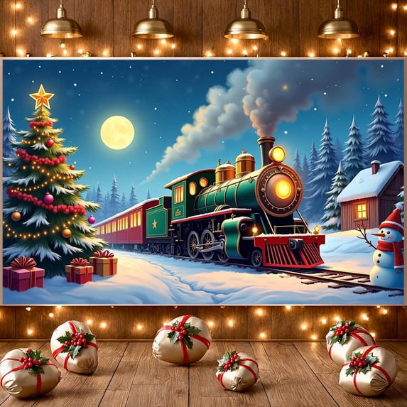 Christmas Theme Christmas Banner Steam Train Design Holiday Banner Snowy Scene Christmas Tree Decor Christmas Train Banner for Christmas Party Holiday Decoration Family Gathering