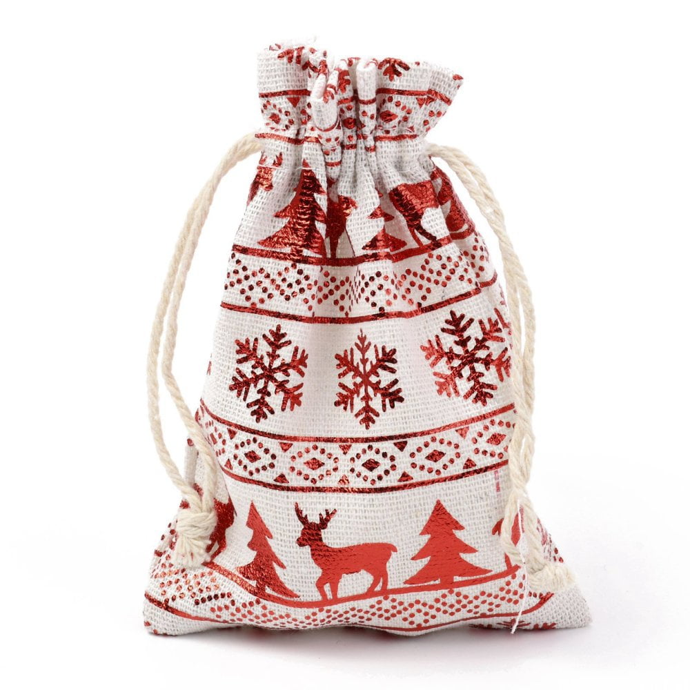 Christmas Theme Cotton Fabric Cloth Bag Drawstring Bags for Christmas Party Snack Gift Ornaments Christmas Themed Pattern 14x10cm