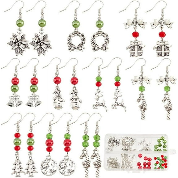 Christmas Theme DIY Earring Making Kit Including Glass Pearl Beads Brass Earring Hooks Wreath & Bell & Candy Cane & Reindeer Alloy Links & Pendants Mixed Color 114Pcs/box