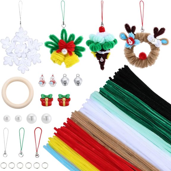 Christmas Theme DIY Jewelry Making Kit Including Pipe Cleaners Wood Linking Rings Aluminum Bell Pendants Plastic Imitation Pearl Beads for DIY