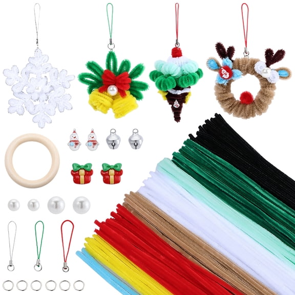 Christmas Theme DIY Jewelry Making Kit Including Pipe Cleaners Wood Linking Rings Aluminum Bell Pendants Plastic Imitation Pearl Beads