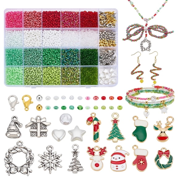 Christmas Theme DIY Jewelry Making Kits including Glass Seed Bead & Brass & Plastic Beads Alloy Clasps & Charms Mixed Color