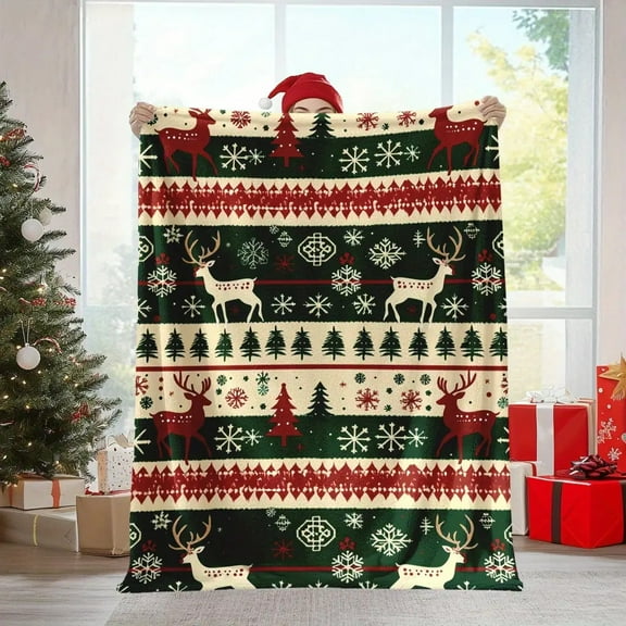 Christmas Theme Flannel Throw Blanket - Reindeer, Snowflakes, and Trees Pattern - Soft, Warm Digital Print Quilted Polyester Throw for Napping, Camping, Travel, and Home Decor - All Seasons, Glam Sty